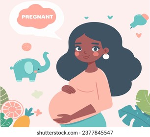 Cute black pregnant woman, flat vector illustration	