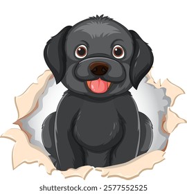 Cute black puppy peeking through torn paper