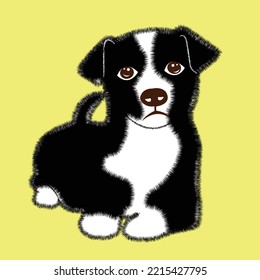 Cute black puppy.  Vector illustration of dog breed set in flat style.  Cute dog. Vector illustration isolated on yellow background, cartoon funny dogs