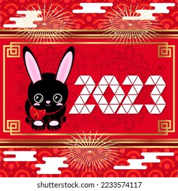 Cute black rabbit. 2023 festive luxury red gold background. New Year, Chinese New Year frame. 
