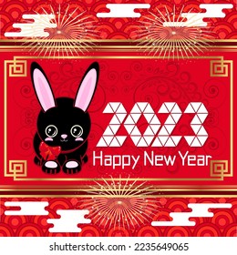 Cute black rabbit. 2023 festive luxury red gold background. New Year, Chinese New Year frame.