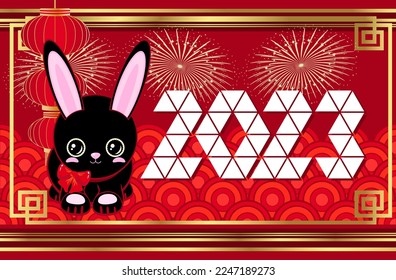 Cute black rabbit. 2023 Happy New Year! Chinese New Year red gold background. horizontal orientation