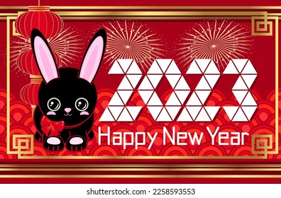 Cute black rabbit. 2023 Happy New Year! Chinese New Year red gold background. horizontal orientation