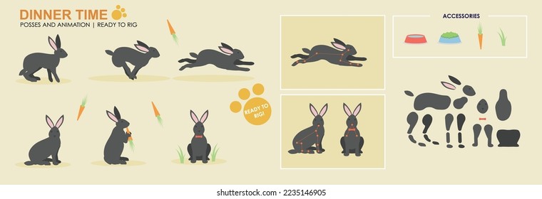 Cute black rabbit, bunny eating with accessories ready for animation vector, collection of multiple poses and positions. Bunny eating carrots	
