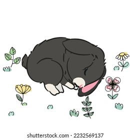 Cute black rabbit cartoon in the flower field. Rabbit character. Cute doodle bunny with illustration. Hand drawn. Perfect for Easter, Mid-Autumn Festival and more.