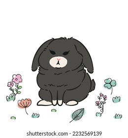 Cute black rabbit cartoon in the flower field. Rabbit character. Cute doodle bunny with illustration. Hand drawn. Perfect for Easter, Mid-Autumn Festival and more.