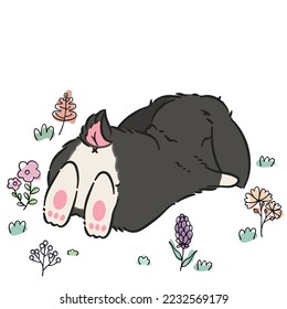 Cute black rabbit cartoon in the flower field. Rabbit character. Cute doodle bunny with illustration. Hand drawn. Perfect for Easter, Mid-Autumn Festival and more.
