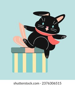 Cute black rabbit concept. Animal with open gift box. Mammal with present or surprise. Symbol of holiday and festival, party. Cartoon flat vector illustration isolated on blue background