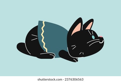 Cute black rabbit concept. Animal in clothes sitting. Adorable domestic mammal and pet in warm sweater. Template and layout. Cartoon flat vector illustration isolated on blue background