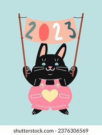 El concepto de conejo negro. Animal con cartel de 2023. Año Nuevo y Navidad, vacaciones de invierno. Plantilla y disposición, burlándose. Dibujo vectorial plano de dibujos animados aislado en fondo azul