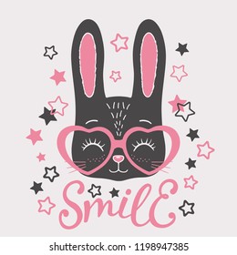 Cute black rabbit face with pink heart glasses. Smile slogan. Vector illustration for children print design, kids t-shirt, baby wear