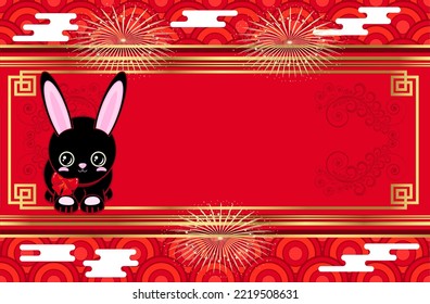 Cute black rabbit. Festive luxury red gold background. New Year, Chinese New Year frame. 
Horizontal orientation