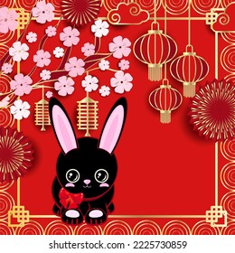 Cute black rabbit. Festive luxury red gold background. New Year, Chinese New Year. Frame made of Chinese lanterns, fireworks, tree flower branches and space for your text