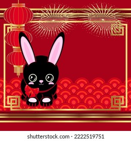 Cute black rabbit. Happy New Year! Chinese New Year red gold background.