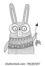 Cute black rabbit on white background. Vector flat illustration.