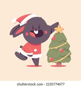 Cute black rabbit in Santa Claus costume with decorated Christmas tree vector cartoon funny animal character isolated on background.