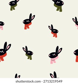 Cute Black Rabbit Seamless Pattern with Red and Pink Winter Scarves on Pale Background.