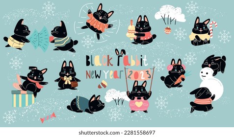 Cute black rabbit set. Design element for greeting postcard at New Year 2023. Traditional winter holiday. Cute hares and bunny with gifts, Christmas tree and carrot. Cartoon flat vector illustration