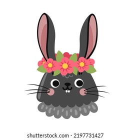 Cute black rabbit wearing floral crown portrait. Bunny in flower wreath cartoon character. Hare head, face, avatar. Flat vector illustration.