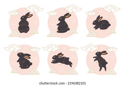 Cute black rabbits with Chinese New Year symbols. Year of the Rabbit. Mid autumn festival. Hand drawn vector illustration