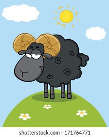 Cute Black Ram Sheep Cartoon Mascot Character On A Hill. Vector Illustration
