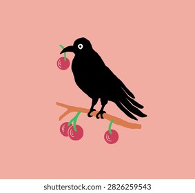Cute black raven bird perched on a tree branch holding cherries in its beak, folk art style vector illustration on pastel pink background. Spooky seasonal and witchy gothic decor asset.
