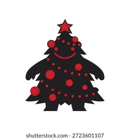 Nette schwarz-rote Weihnachtsbaum-Charaktergrafik mit Ornamenten und Stern, festlicher Cartoon-Stil, Weihnachtsthema.