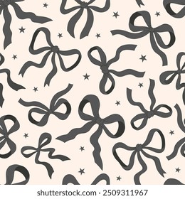 Cute Black ribbon bow vector seamless pattern. Coquette Halloween background.