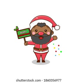 Cute black santa claus. Vector illustration of chibi character isolated on white background.
