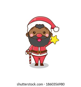 Cute black santa claus. Vector illustration of chibi character isolated on white background.