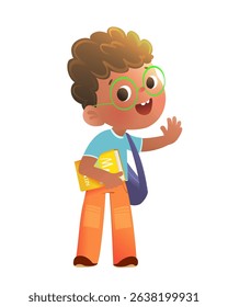 Cute black schoolboy character back to school with book and schoolbag. Happy elementary school student study and learn design. Vector character cartoon illustration for children and kids education
