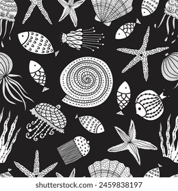  Cute black seamless pattern with jellyfish, shells, fish, starfish and seaweed.