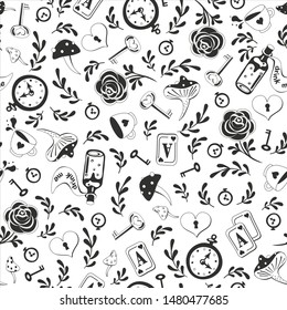 Cute black seamless pattern and key  clock  roses white background  Alice in Wonderland background for fabric  wrapping  wallpaper  Decorative print  Vector illustration