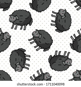 Cute black sheep cartoon seamless vector pattern. Hand drawn agriculture livestock. Farm animal all over print on check background. Wooly ewe backdrop. 