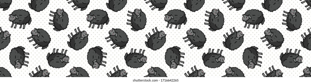 Cute black sheep cartoon seamless vector border. Hand drawn agriculture livestock. Farm animal all over print on check background. Wooly ewe backdrop. 