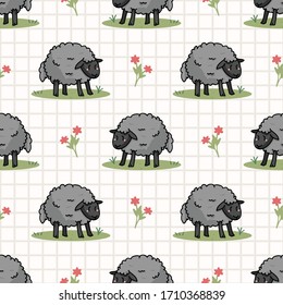 Cute black sheep in field cartoon seamless vector pattern. Hand drawn agriculture livestock. Farm animal with flower all over print on check background. Wooly ewe backdrop.