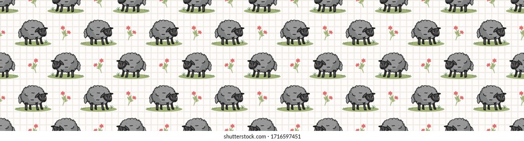 Cute black sheep in field cartoon seamless vector border. Hand drawn agriculture livestock. Farm animal with flower all over print on check background. Wooly ewe backdrop.