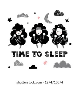 Cute black sheep. Time to sleep. Vector childish illustration isolated on white background. Suitable for printing on fabric, clothing, posters, postcards.
