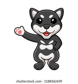 Cute black shiba inu dog cartoon waving hand