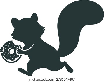 A cute black silhouette of a funny squirrel running fast while holding a delicious donut snack in its small paws as a creative graphic illustration design