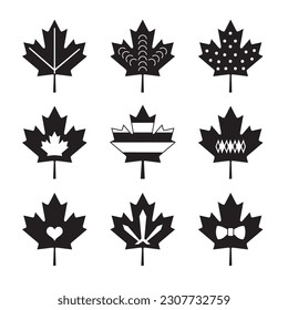 Cute black silhouette isolated maple leaf icons set with different patterns design elements template on white background poster