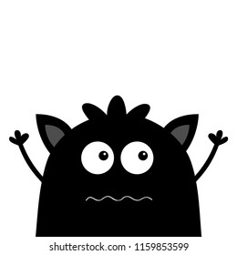 Cute black silhouette monster face icon. Happy Halloween. Cartoon colorful scary funny character. Eyes, ears, mouth, hair. Funny baby collection. White background. Flat design Vector illustration