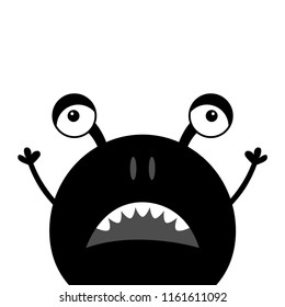 Cute black silhouette monster face icon. Happy Halloween. Cartoon colorful scary funny character. Eyes, ears, nose, open mouth. Funny baby collection. White background Flat design Vector illustration