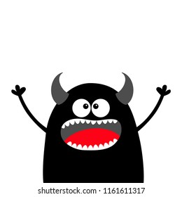 Cute black silhouette monster face. Happy Halloween. Cartoon colorful scary funny character. Eyes, tongue, horns, holding hands up. Funny baby collection. White background. Flat design. Vector