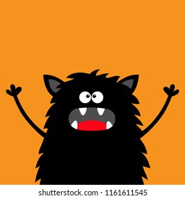 Cute black silhouette monster face icon. Happy Halloween. Cartoon colorful scary funny character. Eyes, tongue, fang, ears, holding hands up. Funny baby collection Orange background Flat design Vector