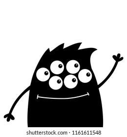 Cute black silhouette monster face icon. Happy Halloween. Cartoon colorful scary funny character. Eyes, hair, holding hands up, waving hand. Funny baby collection. White background Flat design Vector