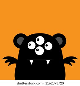 Cute black silhouette monster face icon. Happy Halloween. Cartoon colorful scary funny character. Eyes, ears, wings. Funny baby collection. Orange background. Flat design. Vector illustration