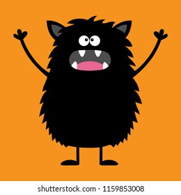 Cute black silhouette monster icon. Happy Halloween. Cartoon colorful scary funny character. Eyes, tongue, fang, ears, holding hands up. Funny baby collection. Orange background. Flat design. Vector
