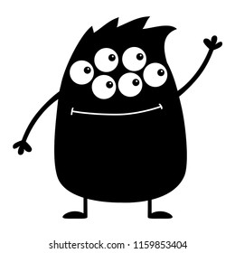 Cute black silhouette monster icon. Happy Halloween. Cartoon colorful scary funny character. Eyes, hair, holding hands up, waving hand. Funny baby collection. White background Flat design. Vector