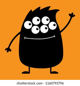 Cute black silhouette monster icon. Happy Halloween. Cartoon colorful scary funny character. Eyes, hair, holding hands up, waving hand. Funny baby collection. Orange background Flat design. Vector